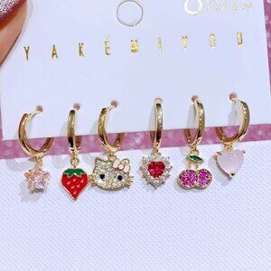 Hello Kitty Earrings 6 Piece Set Cubic Zirconia Gold Plated Dangle Earrings